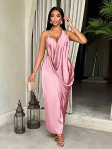 SOLERSUN Elegant Women's Pink Halter Neck Cami Long Dress Sleeveless With Wrap Hem Design - Pink - View 3