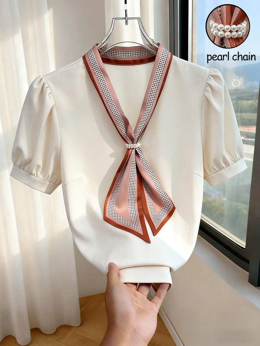 Franclia Apricot Short Puff Sleeve Blouse Elegant Graphic Top For Women With Pearl Chain Knot - Apricot - View 1