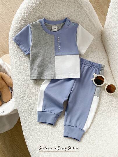 SHEIN Newborn Baby Letter Print Color Block Round Neck Short Sleeve Top And Pants Casual Daily Outfit Set