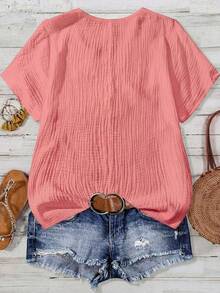 SHEIN LUNE CURVE Plus Size Women's Solid Color V-Neck Casual Versatile Daily Wear Shirt - Pink - View 2