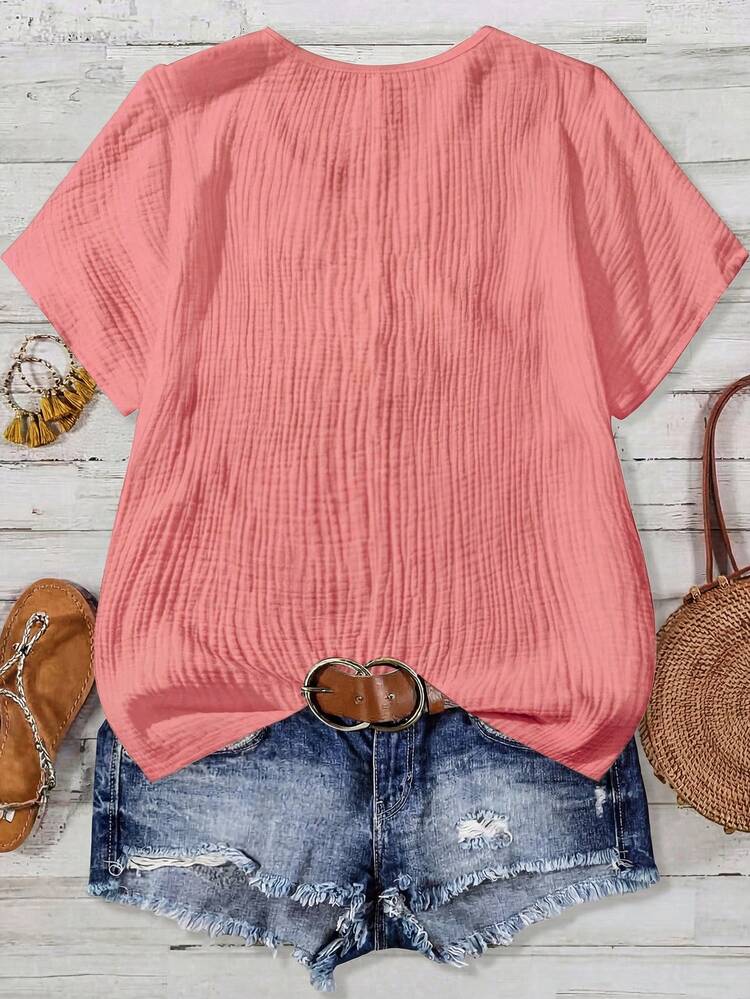 SHEIN JORESS Plus Size Women's Solid Color V-Neck Casual Versatile Daily Wear Shirt - Pink - View 2