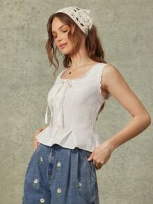 WESTFADE 圆领系带前襟褶裥纽扣上衣，100%纯棉拼接镂空面料，适合春季、度假、夏季、海滩、音乐节、乡村音乐节、科切拉音乐节、休闲场合穿着，可爱又百搭，适合波西米亚风、纳什维尔、牛仔、牛仔竞技、乡村音乐会等各种场合，也适合农贸市场等场合。 - 白色 - 查看 4