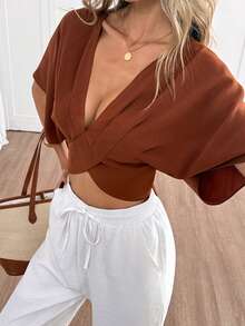 Rafferiza 女士性感露背系带V领蝙蝠袖设计收腰短款露脐上衣，适合夏季狂欢节、海滩派对、郊游 - 咖啡棕 - 查看 5