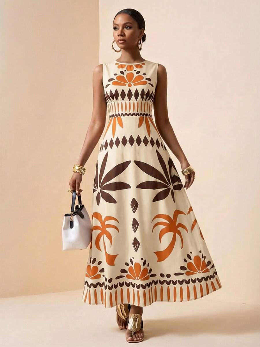 Zivah 2026春夏新款音乐节、复活节、圣帕特里克节、西部风、游牧风、生日派对、毕业典礼、校园风、学生装、日常休闲、度假、邮轮旅行、海滩、日光浴、爆款、街头风女装热带雨林组合图案印花无袖A字长裙女装连衣裙Zanzea女装Solicia Wow连衣裙 - 杏色 - 查看 1