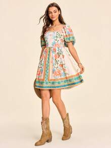 Coeurva Spring/Summer Vacation Woven Printed Square Neck Petal Sleeve Women's Mini Dress - Multicolor - View 2