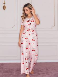 甜美女孩樱桃蝴蝶结蕾丝拼接睡衣套装，红色休闲宽松吊带背心和阔腿裤睡衣，青春优雅女士睡衣套装 - 彩色 - 查看 5