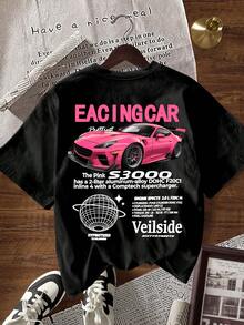 EMERY ROSE Camiseta de manga corta de cuello redondo casual con estampado de letras y coches de carreras para mujer, verano - Negro - Ver 6