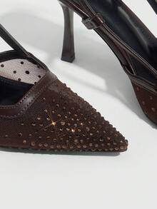 CUCCOO SZL Women's Pointed Toe High Heel Black Mesh Rhinestone Embellished Fashionable Sexy Glamorous Party Occasion Stilettos With Ankle Strap Spring Shoes - dark brown - View 5