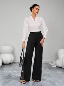 SHEIN Tall Ladies Elegant Mesh & Glitter Splice Black Slim Straight Leg Pants, Fit For Commuting, Casual And Daily Wear, Spring/Summer - Black - View 5