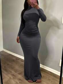 INAWLY Women's Fashionable Sexy Solid Color Slim Fit Dress - Dark Grey - View 2
