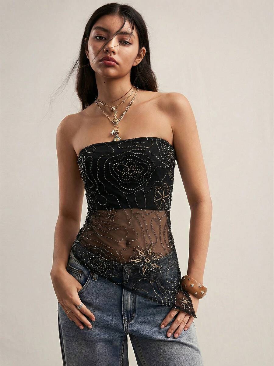 Easelle 女士不对称网纱刺绣吊带背心，黑色亮片装饰，派对装，Y2K复古风，夏季 - 黑色 - 查看 1