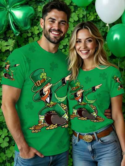 Manfinity Homme 加大码男士圣帕特里克节浪漫图案T恤，情侣款，绿色三叶草设计，适合派对穿着，男女皆宜