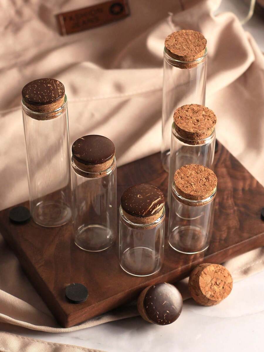 6个/套 椰壳盖/木塞小玻璃瓶,50毫升长形瓶,带软木塞的玻璃长罐,软木塞小瓶,适用于DIY工艺品、礼品装饰、迷你玻璃瓶 - 透明 - 查看 1