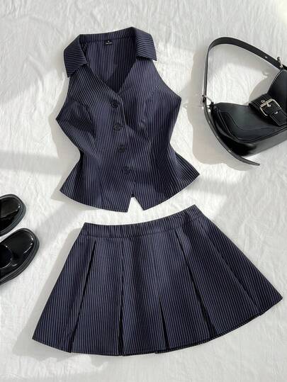 Elamini Vintage Striped Sleeveless V-Neck Cropped Shirt & Low-Waist Mini A-Line Pleated Skirt Set For Women, Spring/Summer
