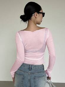 DAZY Spring New Off-Shoulder Slim Fit Semi-Sheer Women T-Shirt Summer - Pink - View 5