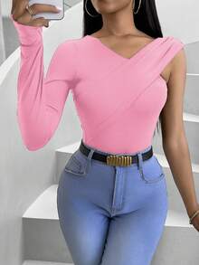 VaVaBold Vestido de manga larga ajustado y sexy con cuello en V y drapeado en unicolor para mujer - Rosa - Ver 5