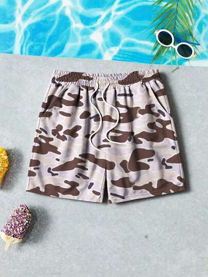 Manfinity RSRT Men's Summer Vacation Holiday Brown Beige Grey Desert Camo Camouflage Print Swim Trunks Beach Shorts Casual Quick Dry Drawstring Elastic Waist Board Shorts Lightweight Breathable Surf Pool Party Loose Fit Athletic Sports Running Short Pants,Men's Drawstring Waist All-Over Print Casual Everyday Shorts