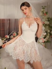 Sexy Mesh Nightgown, Elegant Lace Nightdress, French Romantic Long Nightgown For Women - White - View 3