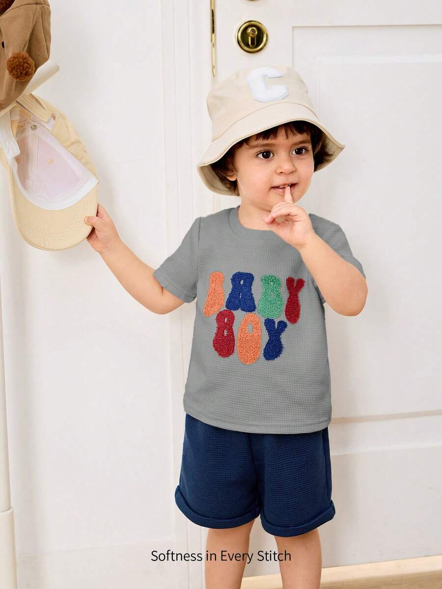 Cozy Pixies 2pcs Baby Boy Letter Pattern Knit Soft Crew Neck Short Sleeve Top And Elastic Waist Shorts Set,Kids - Multicolor - View 1