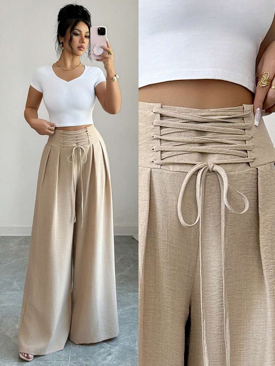 Elenzga Elegant Apricot High-Waisted Tie-Waist Pleated Wide-Leg Casual Pants, Suitable For Daily Wear, Weddings, Galas, Commuting, Graduation Parties, Holidays, Vacations, Dates, Parties, Halloween, Christmas, New Year, Thanksgiving, Weddings - Khaki - View 1