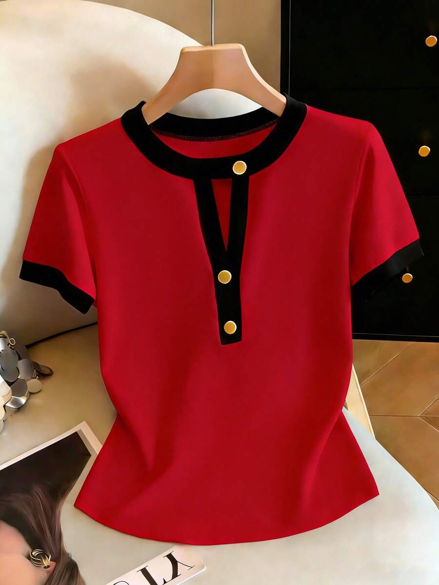Franclia 女士新款圆领撞色滚边半开襟金属纽扣短袖修身露脐上衣，可爱红色上衣，红色女式衬衫，红色女式上衣，红黑复古女式上衣，女士短袖上衣，女士上衣和衬衫，女士Polo衫，女士休闲工作上衣，女士上衣 - 紅色 - 查看 1