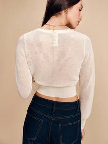 lacRébo 米白色镂空针织套头衫，饰以玫瑰提花图案和系带腰身，复古可爱风，法式巴黎风。 - 杏色 - 查看 2