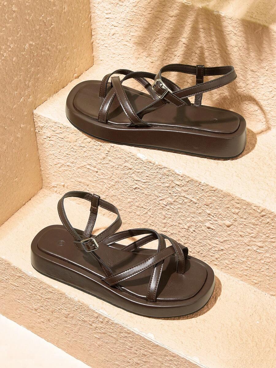 HighSole 女士鞋履春夏新款多带交叉后扣设计露跟厚底简约百搭凉鞋日常通勤购物装 - 咖啡棕 - 查看 1