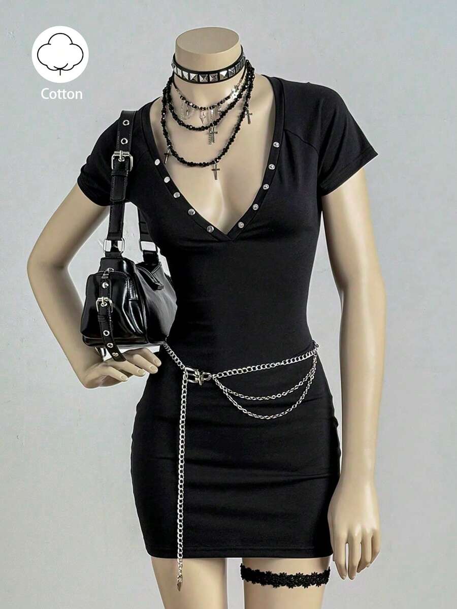 EgrlEra Đầm ngắn ôm sát gợi cảm phong cách Y2K dành cho nữ - màu đen - Xem 1