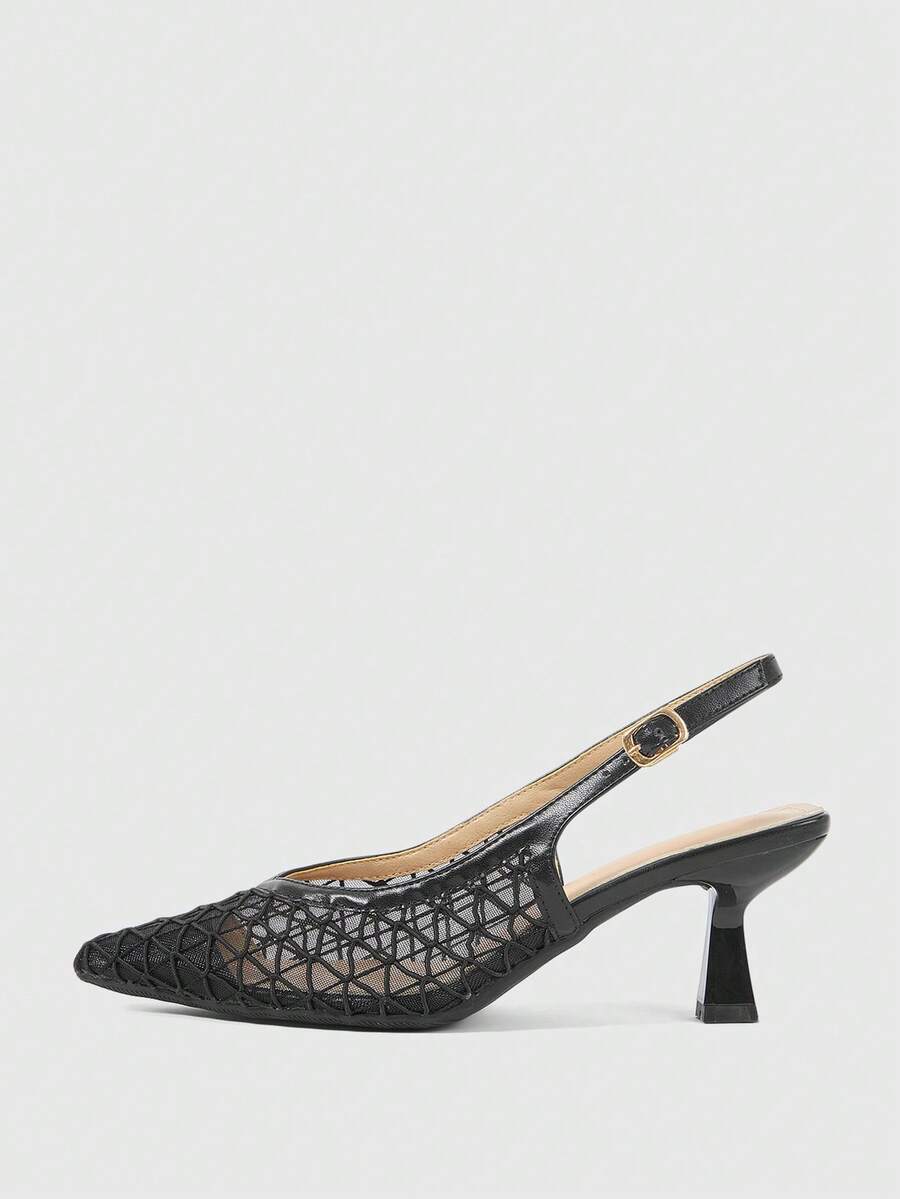 Sleekvia Nuevos tacones altos de mujer con punta puntiaguda, tacón de aguja, correa trasera, diseño de malla, sencillo, cómodo, versátil, elegantes tacones de trabajo - Negro grafito - Ver 1