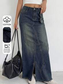 Aloruh Women's Casual Washed Asymmetric Pocket Fishtail Hem Denim Mini Skirt, Summer - Blue - View 1