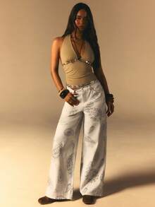 Athîral Quần jeans nữ dáng rộng in họa tiết Paisley phong cách đường phố thường ngày. - Màu be - Xem 3