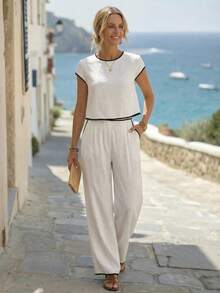 EMERY ROSE Women's Elegant Pleated V-Neck Apricot Short Sleeve Blouse - Apricot - View 1