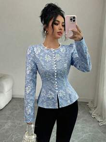Elenzga 女士提花面料新款春秋法式独特时尚高端奢华优雅青春百搭精致白色衬衫，圆领珍珠装饰，前襟纽扣，开衩下摆设计，适合20-35岁以上女性参加聚会、派对、日常通勤、毕业季等场合（随机印花） - 藍色 - 查看 5