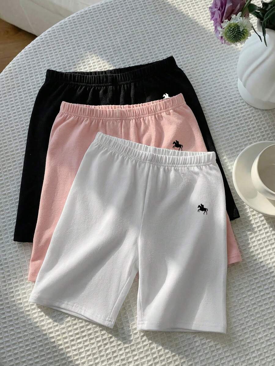 SHEIN 3件套少女休闲舒适针织修身马匹图案印花骑行短裤,3种颜色可选 - 彩色 - 查看 1