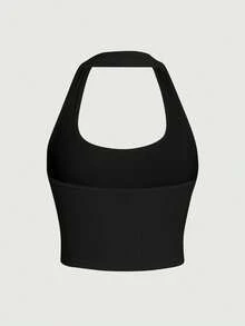 INAWLY Women's Casual Solid Color Halter Neck Top, Summer - Black - View 2