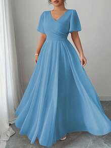 Elenzga 大码女式雪纺荷叶边袖 V 领 A 字连衣裙，简约优雅浪漫飘逸 - 霧霾藍 - 查看 1