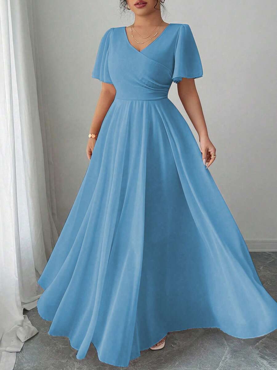 Elenzga 大码女式雪纺荷叶边袖 V 领 A 字连衣裙，简约优雅浪漫飘逸 - 霧霾藍 - 查看 1