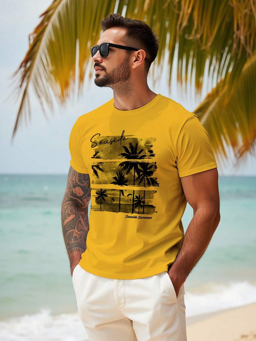 Genlund Men's Minimalist Printed Round Neck Short Sleeve T-Shirt - Yellow - View 1