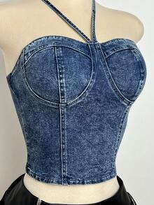 Elamini 时尚休闲系带水洗牛仔短款上衣 - 深色水洗藍 - 查看 3