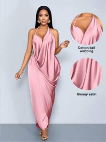 SOLERSUN Elegant Women's Pink Halter Neck Cami Long Dress Sleeveless With Wrap Hem Design - Pink - View 1