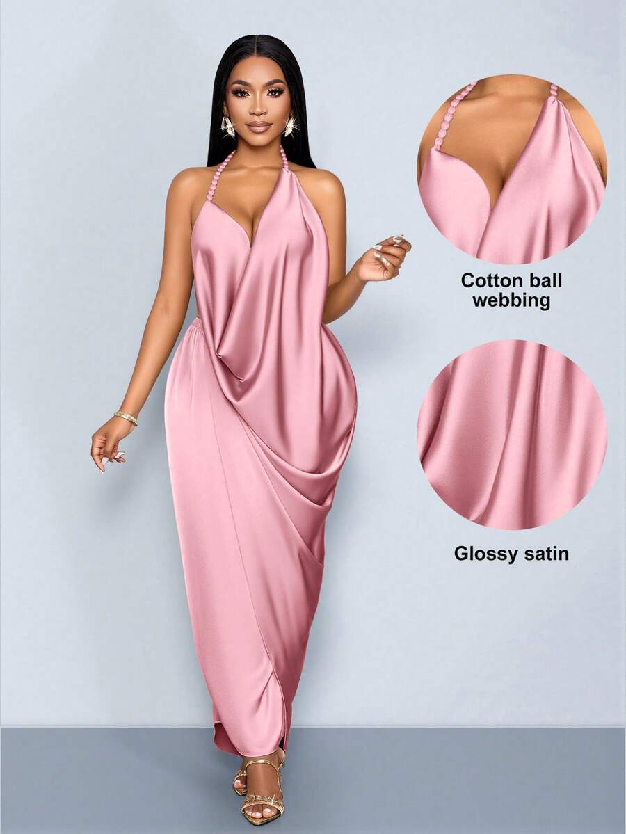 SOLERSUN Elegant Women's Pink Halter Neck Cami Long Dress Sleeveless With Wrap Hem Design - Pink - View 1