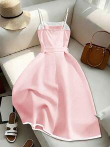 Franclia 女士黑白短款连衣裙，春夏女士优雅套装，女装连衣裙，女士正装，高品质连衣裙 - 粉色 - 查看 2