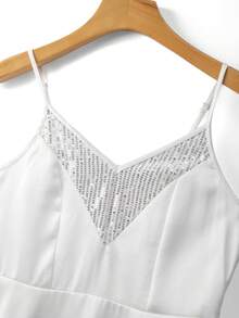Franclia Women's Casual V-Neck Sequin Patchwork Satin White Camisole A-Line Dress - White - View 7