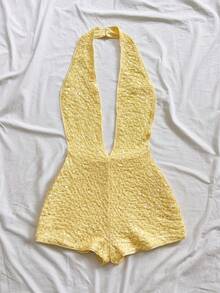 Soleia 女士度假亮片豹纹针织纹理深V露背性感连体衣，时尚修身连体裤，适合派对、约会、下午茶、波西米亚风海滩夏季装扮 - 淡黃色 - 查看 3