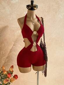 Soleia Women's Sexy Metal Decor Backless Halter Romper For Summer Party Night Elegant Vacation Holiday Red And Gold - Red - View 4