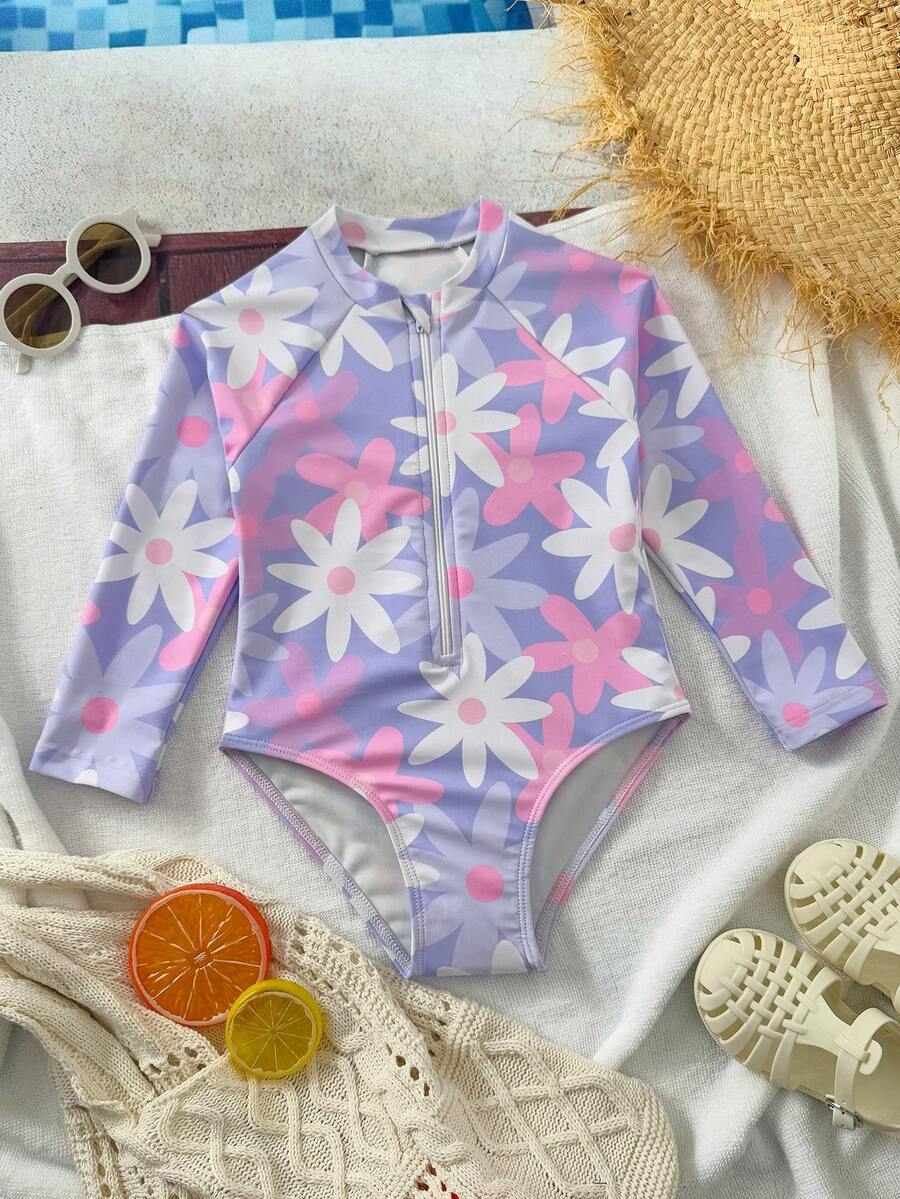 SHEIN 2025新款女童连体印花泳衣，长袖拉链连体衣，适合海滩和度假穿着。女童长袖泳衣，女童防晒泳衣，女童防晒花朵泳衣，女童长袖泳装，女童花朵泳衣，长袖泳衣。