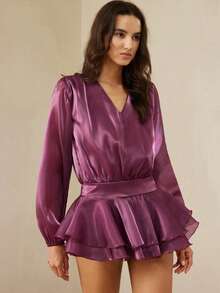 Aveloria Rosie New V-Neck Waist Design Elegant Glossy Hem Petal Sleeve Dress, Flattering Fit - Hot Pink - View 4