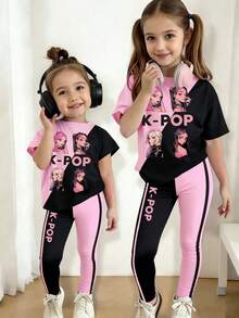 Tween Girl Spring And Summer Casual Fashion Creative Personalized Refreshing Minimalist Cool Virtual Girl Group Graphic Print T-Shirt And Leggings 2-Piece Set, Comfortable Daily Wear - Multicolor - View 3