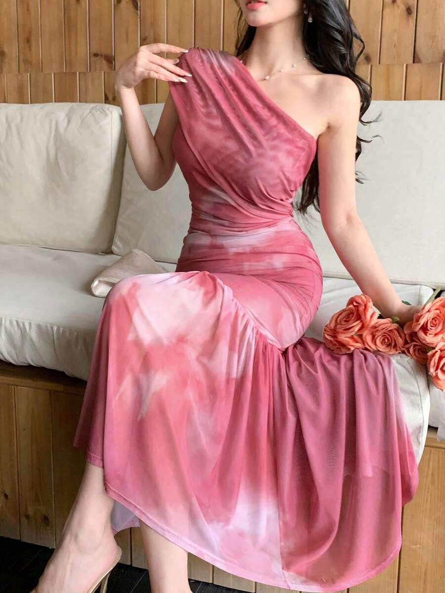 DAZY Đầm midi trễ vai xếp ly in hoa thanh lịch dành cho nữ, thích hợp cho mùa xuân/hè. - Hồng - Xem 1