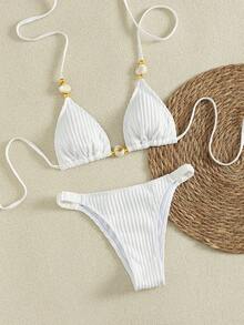 Bonvoyette 极简主义纹理面料串珠比基尼上衣和丁字裤套装，夏季海滩度假泳装 - 白色 - 查看 4